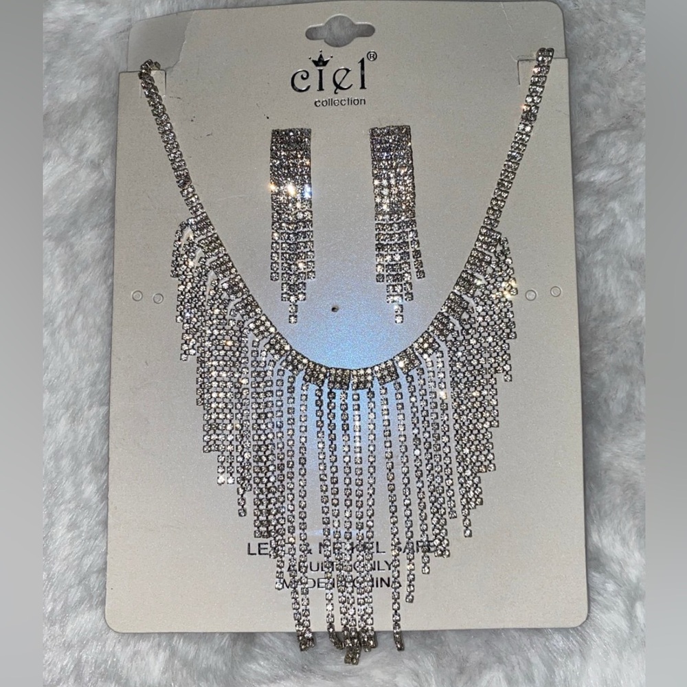 Womens Silver Necklace and Earring Set Rhinestones Prom Homecoming Wedding